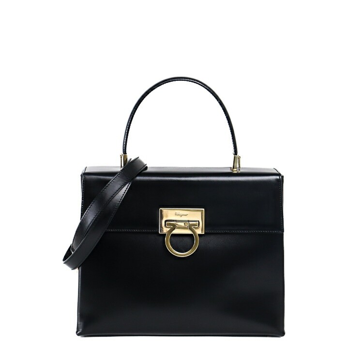 Rakuten - Salvatore Ferragamo サルヴァトーレ フェラガモ ガンチーニ トップハンドル ハンドバッグ 2way ショルダーバッグ カーフレザー ブラック 黒 ゴールド金具 レディースバッグ ブランドバッグ フォーマルバッグ 5024545ME3【中古】