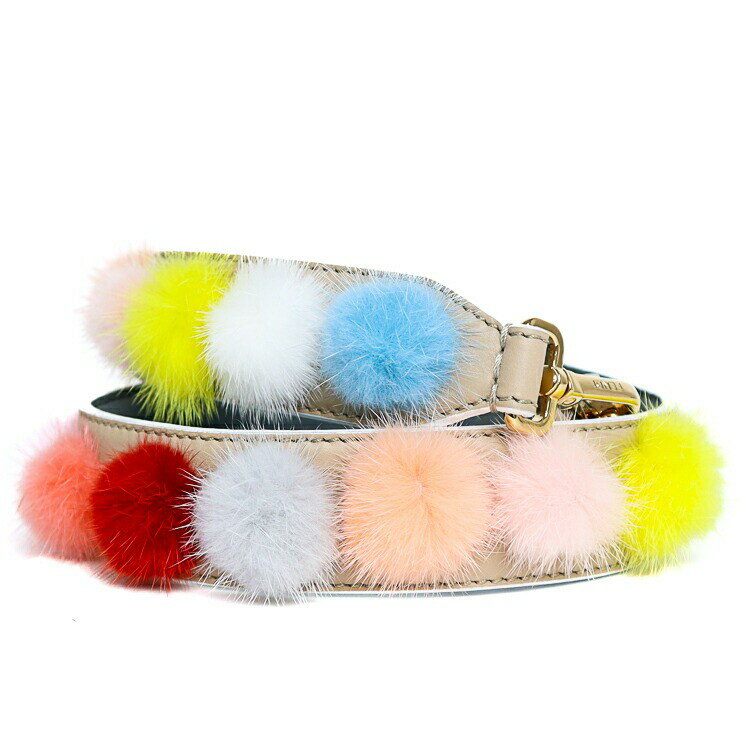 乐天商城 - FENDI フェンディ ストラップユー ボンボン ショルダーストラップ ミンクファー レザー ベージュ マルチカラー ゴールド金具 バッグ用アクセサリー ブランド小物 5021218MK【中古】
