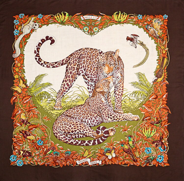乐天商城 - エルメス カレジェアン カレ140 Jungle Love ジャングルラブ カシシル 大判ストール ブラウン ベージュ マルチカラー カシミア シルク HERMES 6352162m【中古】