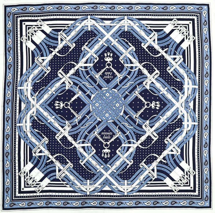 【未使用品】 エルメス カレジェアン カレ140 Mors a Jouets Bandana 馬銜 バンダナ カシシル 大判ストール カシミア シルク マリン ブラン ブルー H244354S HERMES 6482814j【中古】