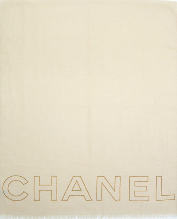 シャネル ロゴプリント ロング ストール 大判 ショール ベージュ カシミア100％ CHANEL 6519636m【中古】