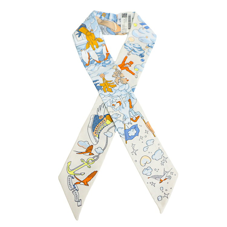 ブランド HERMES エルメス 商品名 Twilly ツイリー リボンスカーフSur Mon Nuage 私の雲 品番 H063900S 素材 シルク100％ 色 クレーム / ブルーシエル / オンレジ サイズ 85×5cm ※多少の誤差はご了承ください。 付属品 ・箱・タグ 状態 未使用品 状態説明 未使用品のため、とてもキレイなコンディションのお品でございます。(タグ付き) 商品紹介 エルメスのツイリー「Sur Mon Nuage（私の雲）」。ディミトリ・リバルチェンコ（Dimitri Rybaltchenko）が手掛けた、雲や空をテーマにした幻想的なデザインです。クレーム、ブルーシエル、オレンジを組み合わせた明るく爽やかな色使いが魅力で、シルクならではの美しい光沢も楽しめます。首元や手首に巻くのはもちろん、バッグのハンドルに結ぶなど、さまざまなアレンジが楽しめるアイテムです。 管理番号：6560424m 愛知県公安委員会 古物商許可第541030A35500号 ◆質問対応時間◆ 年中無休　10：00〜18：00 《返品規定》 お客様都合による返品につきましても承ります。 その場合は、到着後3日以内に必ずご連絡をお願いいたします。 返品時の送料はお客様負担、連絡後3日以内着でお願いいたします。 《保証》 ＊＊通常保証30日間＊＊ 到着後3日以内にショップレビュー投稿で1年間の保証（自然故障） をお付けしております。 ランク 状態基準 N 新品商品です。 S 未使用/新古品。未使用品ですが展示・保管による軽微な状態変化がある場合がございます。 SA 新品同様/ほぼ未使用品。使用感がほとんどなく、非常にきれいな状態です。 A 美品/非常に状態の良い中古品。 使用に伴うスレ、小キズ、薄汚れ等が見られる場合がございますが、全体的にきれいな状態です。 AB 良品/一般的な使用感があるが比較的きれいめの中古品。 スレ、キズ、汚れ、型崩れ等が見られる場合がございます。 B キズやヨゴレなど全体的に使用感が見られる中古品。使用に支障はない程度のダメージがございます。 BC 状態難あり/かなり使用感のある中古品。 目立つキズ、汚れ、破れ、劣化等が見られる場合がございます。 C ジャンク品/動作不良や大きなダメージがある商品です。基本、現状渡しとなります。