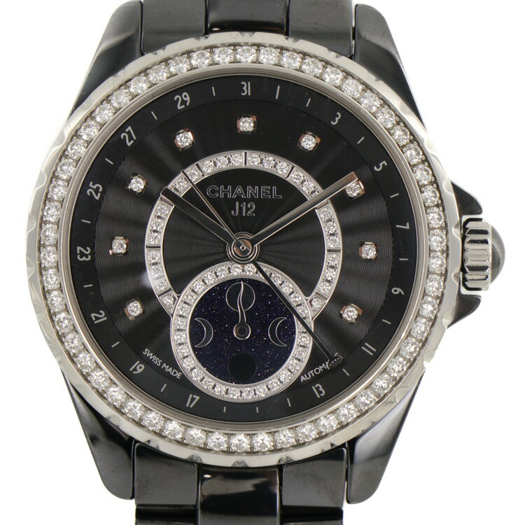 【美品】 CHANEL J12 FARS DE LUNE MOONPHASE H3407 シャネル J12 ファーズ ドゥ リュヌ ダイヤベゼル ダイヤ文字盤 メンズ ウォッチ 腕時計 ブラック セラミック ステンレス 4137670JH 【中古】 2