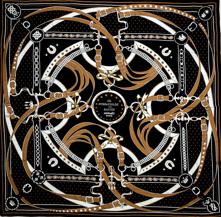 【未使用品】HERMES エルメス カレジェアン カレ140「LA PROMENADE DU MATIN 朝の散歩」カシシル 大判ストール スカーフ カシミア シルク ノワール ノアゼット ゴールド ブランド小物 5027412J【中古】のサムネイル