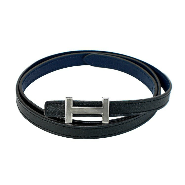 HERMES ミニ コンスタンス Hベルト 13mm リバーシブル ヴォーエプソン スイフト ブラック ブルーサフィール シルバー金具 85 A刻 レディースベルト ブランド小物 5241835M【中古】