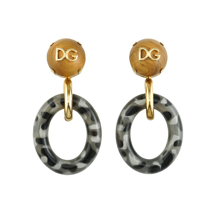 DOLCE&GABBANA DGロゴ フープ スウェイング イヤリング カモフラ柄 ウッド プラスチック メタル ブラウン グレー ゴールド金具 D＆G ブランドアクセサリー 5452413MX【中古】