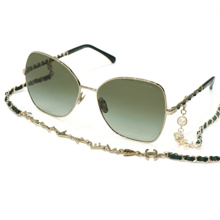 【ほぼ未使用】チェーン付 CHANEL ココマーク バタフライ サングラス グラデーション フェイクパールチェーン レディースサングラス 眼鏡 メガネ 4274Q C468 S3 ゴールド金具 グリーン 4500675M 【中古】