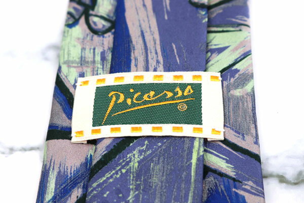 ピカソ picasso 絵画柄 個性的 日本製 シルク 総柄 パープル シルク ブランド ネクタイ 送料無料 【中古】【美品】