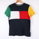 【全品39%OFFクーポン 5/14 10:59 まで】トミーヒルフィガー 半袖Tシャツ ブロックカラー ワンポイントロゴ コットン トップス メンズ S/Pサイズ ネイビー TOMMY HILFIGER 【中古】