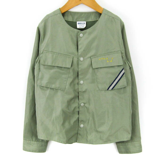 ブリーズ ノーカラージャケット シャツジャケット 胸ポケット アウター キッズ 女の子用 130サイズ カーキ BREEZE 【中古】