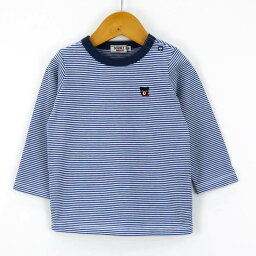 【決算SALE50%OFFクーポン】ダブルビー 長袖Tシャツ ボーダー柄 肩スナップ クマロゴ コットン トップス ミキハウス ベビー 男の子用 F 70-80サイズ ブルー Double B 【中古】