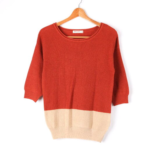 ビームスハート ニット セーター 5分袖 丸首 ウール混 バイカラー トップス M相当 レディース レッド BEAMS HEART 【中古】 ビームスハート ニット セーター 5分袖 丸首 ウール混 バイカラー トップス M相当 レディース レッド BEAMS HEART 【中古】