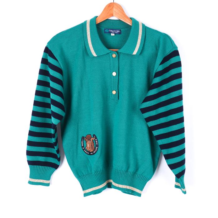 キャラ・オ・クルス 長袖ニットポロシャツ ボーダー 袖/裾リブ トップス ウール100% レディース 9サイズ グリーン CARA O CRUZ 【中古】