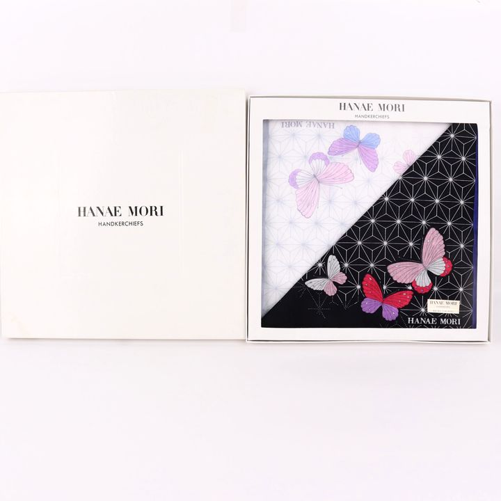 ハナエモリ ハンカチ 未使用 2枚入り 蝶 花柄 綿100% ブランド 小物 レディース HANAE MORI 森英恵 【中古】