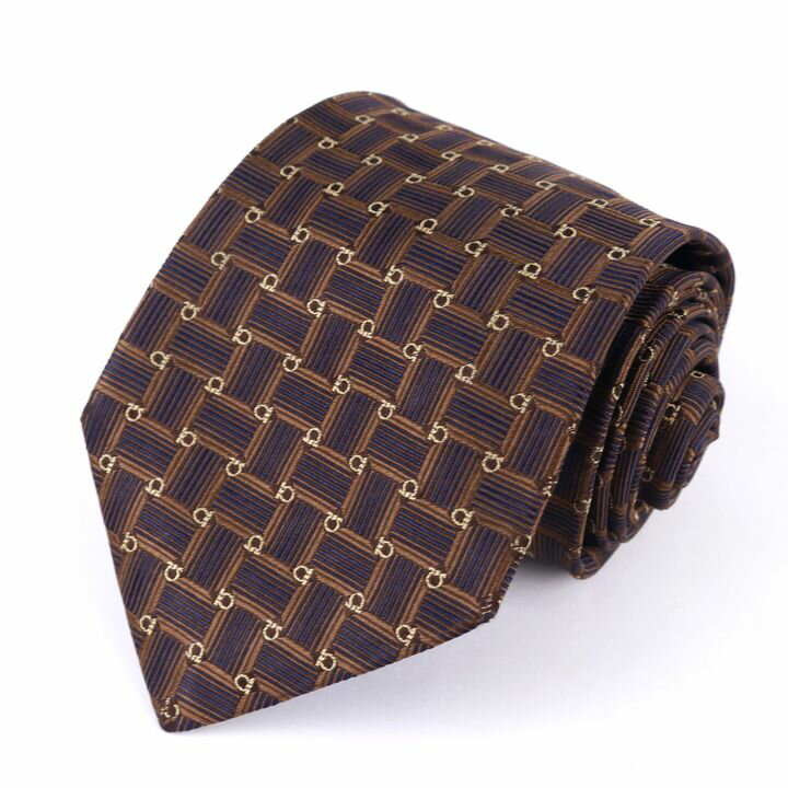サルヴァトーレフェラガモ ブランドネクタイ チェック柄 オメガモチーフ シルク メンズ ブラウン Salvatore Ferragamo 【中古】