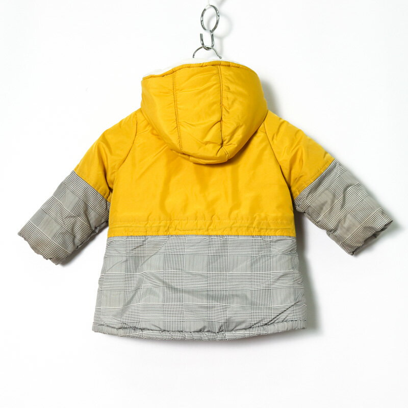 アーベーセー ショートコート 中綿入り フード付き アウター ベビー 男の子用 80サイズ イエロー×グレー a.b.c 【中古】