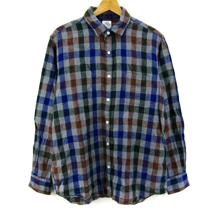 コーエン 長袖リネン チェック柄 大きいサイズ トップス メンズ XLサイズ グレー系×ブルー系×グリーン系 coen 【中古】