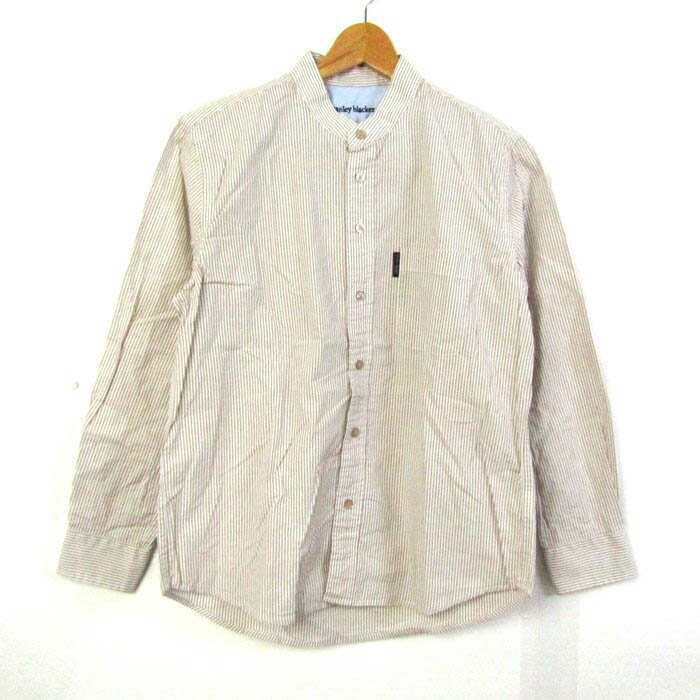 スタンリーブラッカー 長袖ノーカラーシャツ ストライプ柄トップス メンズ Mサイズ ベージュ×ホワイト Stanley Blacker 【中古】