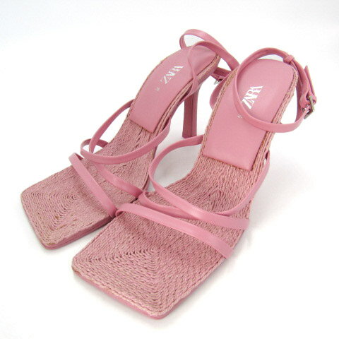 【全品39％OFFクーポン配布中】ザラ サンダル ストラップ スクエアトゥ ハイヒール 靴 レディース 38サイズ ピンク ZARA 【中古】