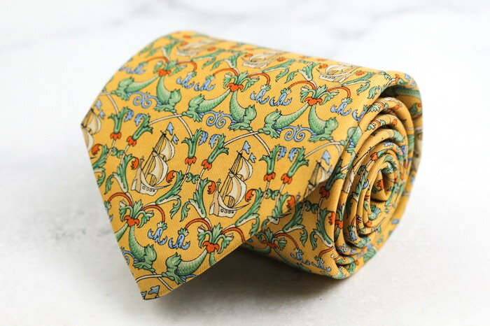 サルヴァトーレフェラガモ ブランド ネクタイ 花柄 リーフ柄 シルク イタリア製 PO メンズ イエロー Salvatore Ferragamo 【中古】