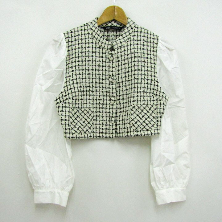 ザラ ジャケット ショート丈 ツイード アウター レディース Mサイズ ベージュ×黒 ZARA 【中古】
