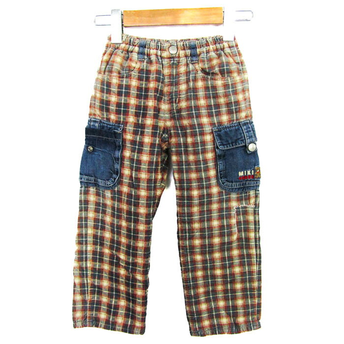 ミキハウス カーゴパンツ チェック柄 裏ボア ボトムス キッズ 男の子用 110サイズ アイボリー×ネイビー×レッド MIKIHOUSE 【中古】