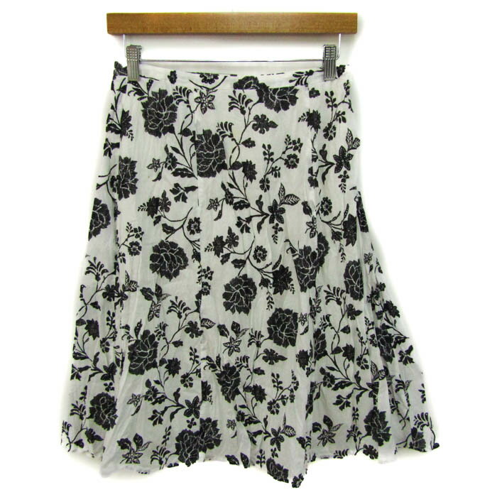 ローラアシュレイ スカート ボトムス ミディ丈 フレア 花柄 レディース 9サイズ 白×黒×茶 Laura Ashley 【中古】