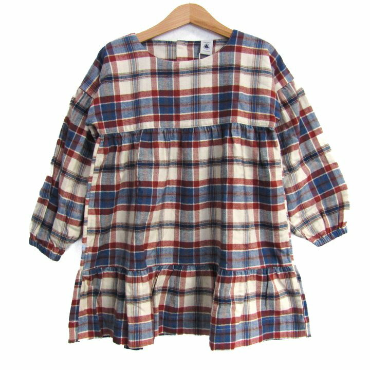 プチバトー チェック柄長袖ワンピース トップス チュニック 未使用品 キッズ 女の子用 6ans/116cmサイズ 青×赤×白 PETIT BATEAU 【中古】