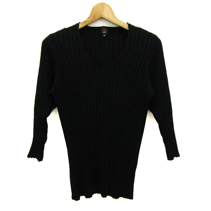 レキップヨシエイナバ ニット トップス 七分袖 Vネック リブ セーター レディース 40サイズ ブラック L..