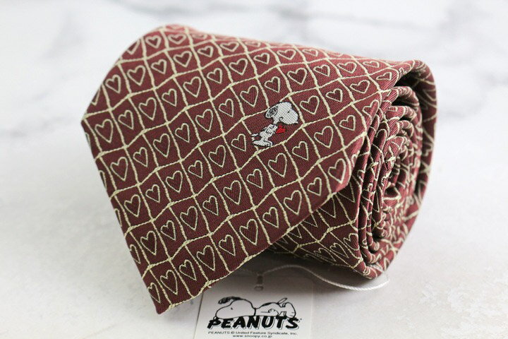 ピーナッツ ブランドネクタイ スヌーピー チェック ハート柄 シルク 日本製 未使用タグ付 PO メンズ ブラウン PEANUTS 【中古】
