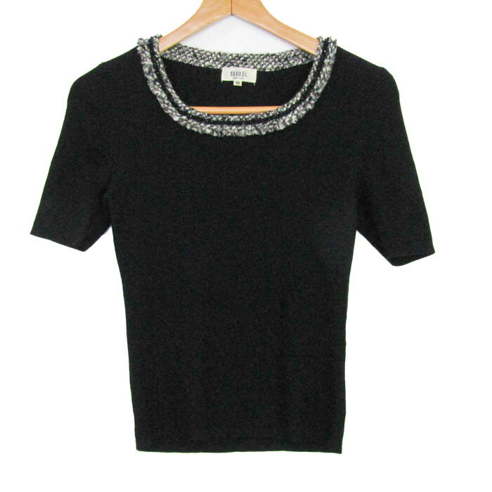 ジユウク ニット セーター 半袖 ウール100% ブランド トップス 黒 白 レディース 40サイズ ブラック×ホ..