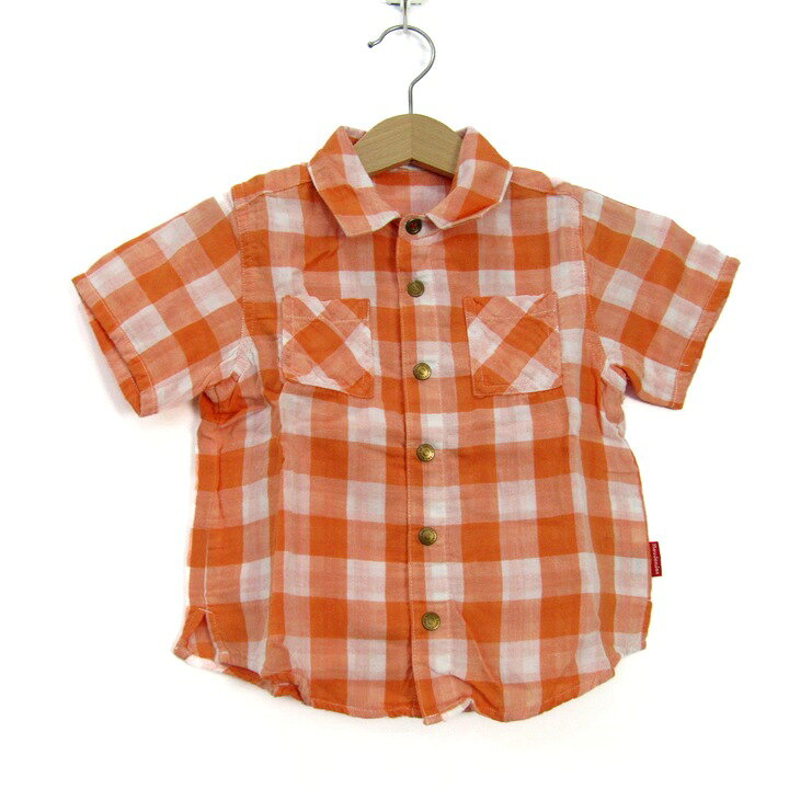 ムージョンジョン 半袖シャツ チェック柄 トップス ベビー 男の子用 95サイズ オレンジ×ホワイト moujonjon 【中古】