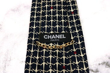 シャネル CHANEL 錨 ココマーク ロゴ 小紋柄 ブラック シルク ブランド ネクタイ 送料無料 【中古】【美品】