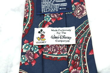 ディズニー Disney ミッキーマウス 花柄 ペイズリー柄 グッズ シルク USA製 キャラクター柄 ネイビー シルク ブランド ネクタイ 送料無料 【中古】【良品】