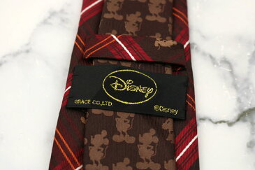 ディズニー Disney ミッキーマウス チェック柄 シルク キャラクター柄 ブラウン シルク ブランド ネクタイ 送料無料 【中古】【美品】