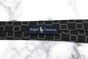 ラルフローレン Ralph Lauren スクエア柄 ハンドメイド 日本製 シルク 総柄 ブラック シルク ブランド ネクタイ 送料無料 【中古】【良品】