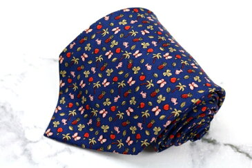 サルヴァトーレフェラガモ Salvatore Ferragamo 魚 蝶 果実 動物柄 ネイビー シルク ブランド ネクタイ 送料無料 【中古】