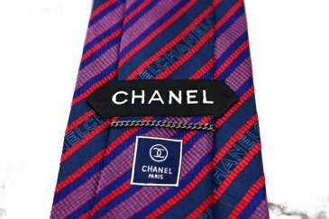 シャネル CHANEL ロゴ ココマーク チェーン付 伊製 シルク ストライプ柄 パープル シルク ブランド ネクタイ 送料無料 【中古】【良品】