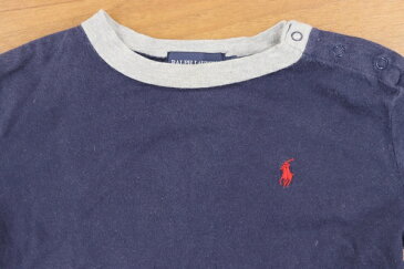 ラルフローレン Ralph Lauren 90サイズ ワンポイント 長袖 Tシャツ ロンT ポニー 刺繍 定番 カジュアル シンプル トップス 男の子 子供服 日本製 ネイビー ブランド古着 【中古】