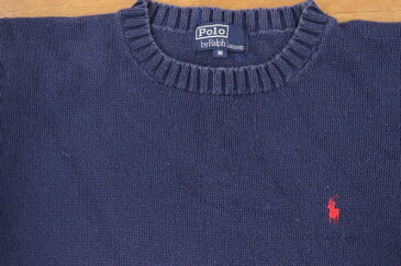 [良品] ポロラルフローレン Polo Ralph Lauren Mサイズ ワンポイント 半袖 セーター ニット ポニー 刺繍 トップス シンプル カジュアル メンズ服 ネイビー ブランド古着 【中古】