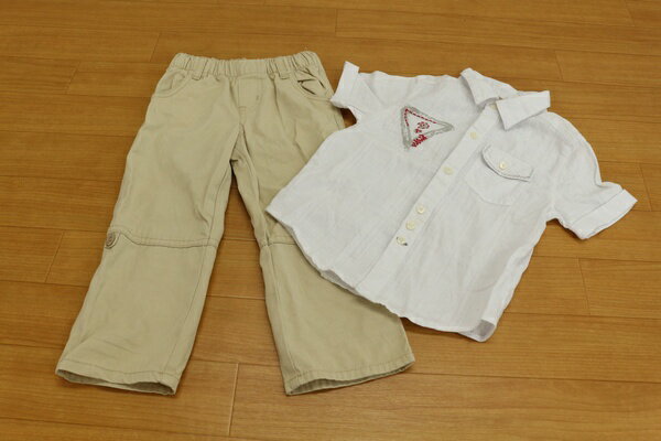 [良品] ゲス GUESS 24Mサイズ カジュアルシャツ 半袖 ロングパンツ チノパン 2点セット 男の子 子供服 キッズ ベージュ ブランド古着 【中古】