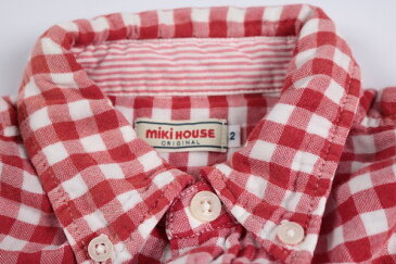 ミキハウス MIKIHOUSE 2サイズ チェック 長袖 カジュアルシャツ ボタンダウン くま 刺繍 トップス 男の子 子供服 キッズ レッド ブランド古着 【中古】