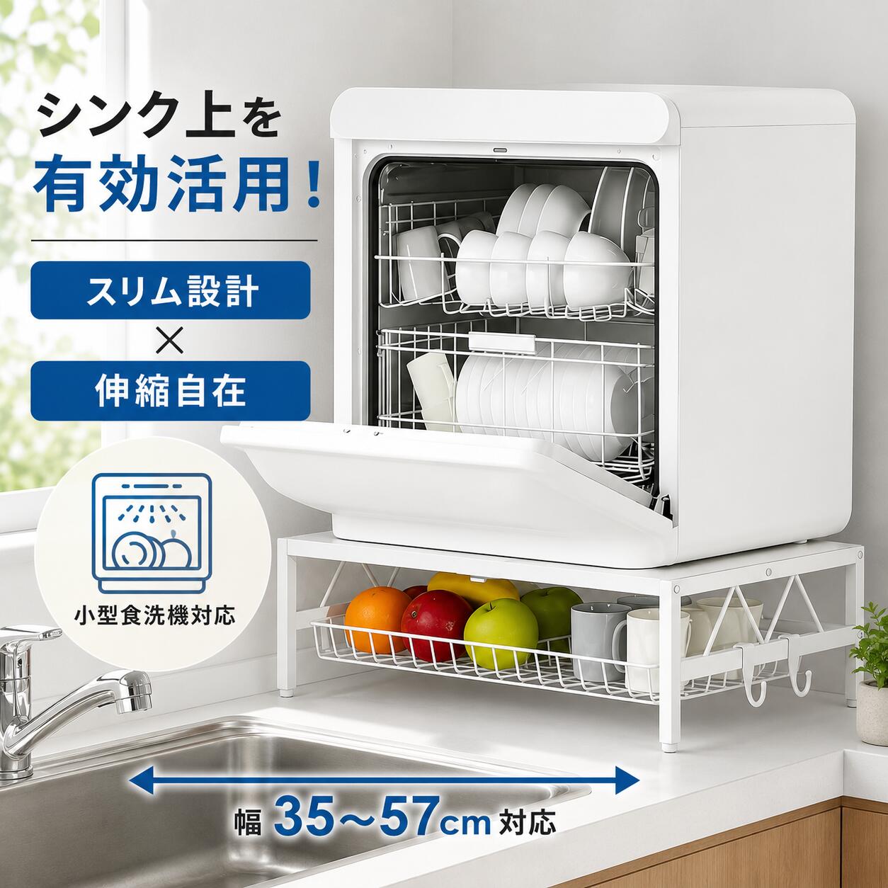 Rakuten - 【50％ポイントバック＆最大2000円クーポン配布中】食洗機ラック 伸縮式 幅35～57×奥行36×高さ17cm 段差対応アジャスター付 食洗機台 キッチンラック 耐荷重60kg シンク渡し可能 滑り止め フック2個付 ブラック/ホワイト