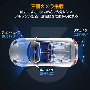 【3カメラ&32G・TFカード付属】 ドライブレコーダー 3カメラ 車載カメラ 三カメラ搭載 車内/車外同時録画 4.0インチ 1080PフルHD 170度広角レンズ 800万画素 Gセンサー ビデオカメラ ループ録画 駐車監視 動き検知 衝撃録画 循環録画