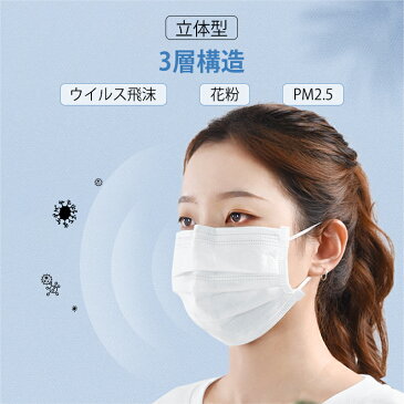 【5/27まで!ポイント10倍】立体型 マスク 在庫あり マスク 50枚 3層構造 99%カット ますく 使い捨てマスク 箱 mask フェイスマスク ウイルス飛沫対策 PM2.5対応 ふつうサイズ 不織布マスク 花粉症対策 風邪予防 大人 防護 花粉 防塵 男女兼用 白 通勤 通学
