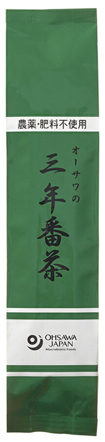 農薬・肥料不使用 国産茶100％,香ばしくまろやかな味わい,■茎5：葉5,■1年以上育生した茎と葉を晩夏から冬にかけて収穫し丸ごと使用,■薪火焙煎,■熟成後薪火で焙煎し仕上げた,■急須で手軽に飲める,■煮出し不要,■大さじ1杯(約5g)で250ml分急須に大さじ1杯の三年番茶を入れ熱湯約250mlを注ぎ、3分程で出来上がり。もう一度熱湯を注ぐ場合は、長めに置いてください。,※お好みにより、分量、時間等を調整して召し上がりください。,リニューアルに伴い、パッケージ・内容等予告なく変更する場合がございます。予めご了承下さい。