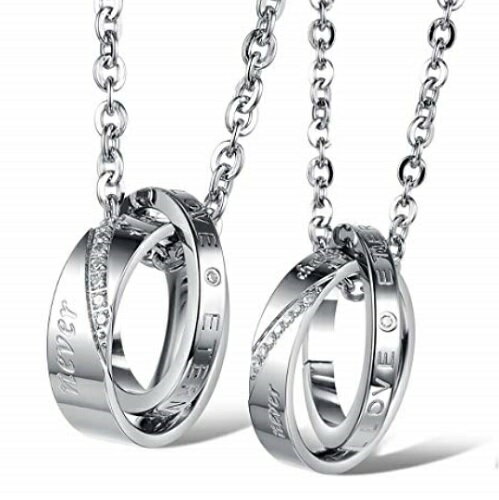【送料無料】永遠に変わらぬ愛 2連リング ペア ネックレス 2点セット ダブルリングネックレス ペアアクセ ペアアクセサリー サージカル ステンレス メンズ レ...