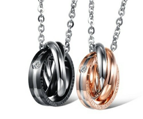 ステンレス製 ペアネックレス シンプルな 3連リング ネックレス ペンダント 2個セット カップル ジュエリー ネックレス レディース メンズ アクセサリー プ...