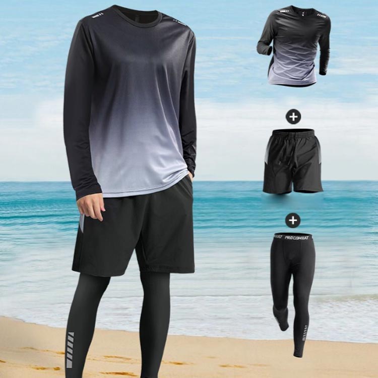 フィットネス水着 メンズ ラッシュガード 上下セット 練習用 長袖 ショートパンツ 3点セット ロングパンツ サーフィン スポーツウェア 水着 水陸両用 UVカット 紫外線対策 速乾 大きいサイズ スポーツ サーフパンツ スイムウェア 海パンツ ジム 大人