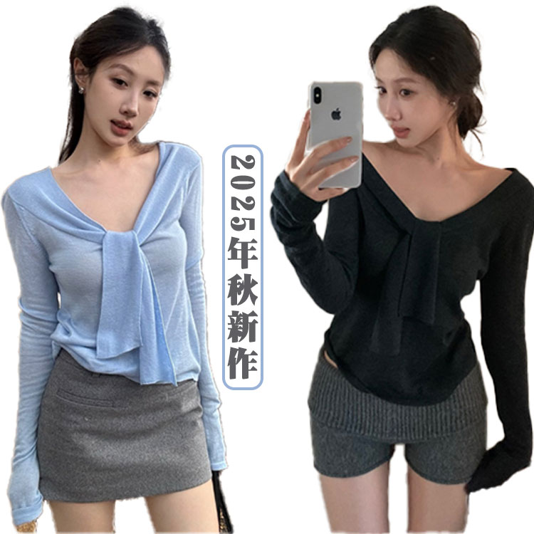 Rakuten - ニットトップス 春秋冬 レディース 蝶ネクタイ Vネック 長袖 蝶ネクタイ 無地 インナー きれいめ フェミニン スリムフィット おしゃれ 大人可愛い